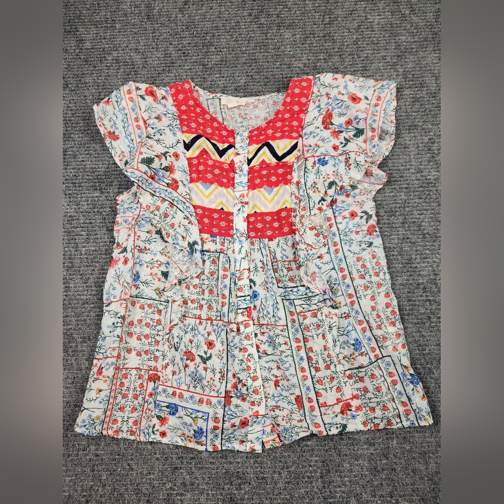Anthropologie Multicolor Floral Patchwork Peasant Top